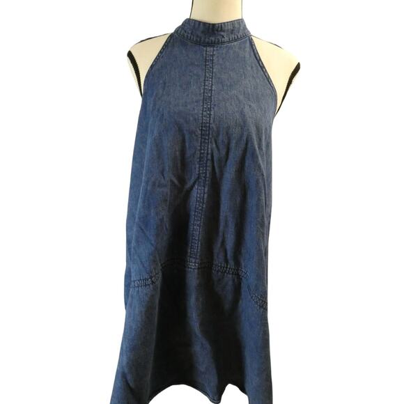 Free People Medium Halter Denim Open Backside Dress Cotton Boho - Picture 1 of 6
